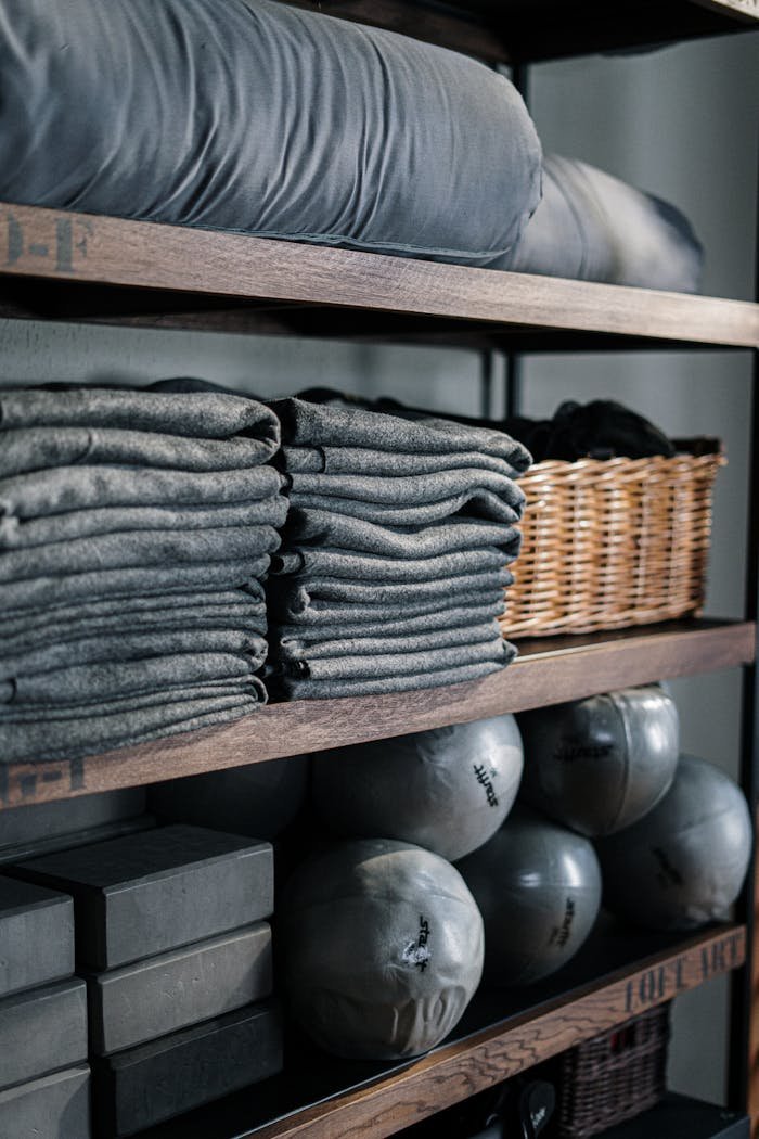 Neatly arranged yoga mats, towels, and fitness balls on wooden shelves in a yoga studio.